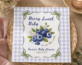 Personalized Blueberry Baby Shower Napkins, Berry Sweet Baby Party Decor, Custom Name Gingham Napkin, GIFT 2026, Baby Shower Favor Gift