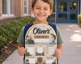 Personalize First Day School Sign, Fishing Theme Milestone Board, Wooden Reusable Photo Prop, Custom Kid Keepsake, GIFT 2026, Back to School
