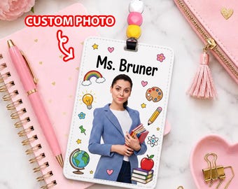 Personalized Teacher Badge Holder, Custom Photo ID Card Holder, Leather Lanyard Name Tag, Cute School Staff Gift 2026, Teacher Accessory