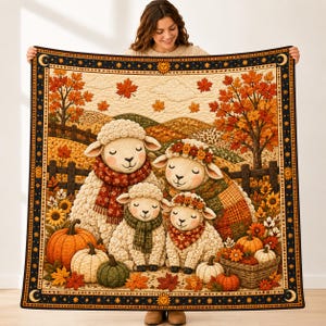 Op de afbeelding: Een vierkante quilt met een familie van vier schapen die sjaals en bloemenkransen dragen. De scène bevat pompoenen, herfstbladeren en bomen tegen een glooiend landschap. De rand is donkerblauw met gouden zon- en maanmotieven.
