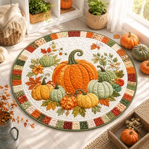 Pumpkin Patch Quilted Round Rug, Autumn Harvest Floral Carpet, Cottagecore Fall Floor Mat, Thanksgiving Farmhouse Home Decor, Gift 2026