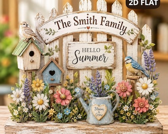 Gepersonaliseerde zomer houten blok, bord familietuin, vogelhuisje bloem plank decor, boerderij huisaccent, cadeau 2026, aangepaste familienaam