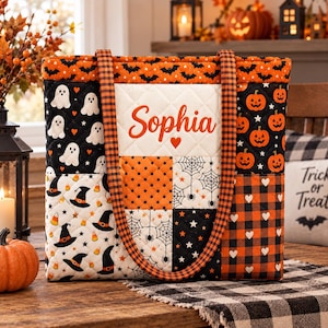 Personalized Ghost Pumpkin Web Halloween Tote Bag, Witch Hat Patchwork Quilted Shopper, Custom Name Spooky Fall Carryall, Gift 2026