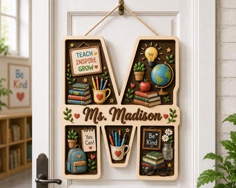 Personalized Teacher Wooden Sign, Custom Initial Classroom Door Decor, Two Layer Name Plaque, Back to School Gift, GIFT 2026, Back To School