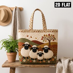 May include: A quilted tote bag featuring a pastoral scene with four sheep, a tree, and flowers. The bag has two handles with a floral pattern and a cream-colored background. The text 2D FLAT is visible in the upper right corner of the image.