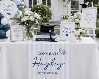 Graduation Table Runner, Custom Congrats Hayley Welcome Sign, Personalized Class Of 2026 Decor, Light Blue Striped Party Plaque, GIFT 2026