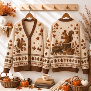 May include: Two cream-colored knit cardigans with brown trim, featuring a V-neck, button-down front, and a pattern of autumn leaves, acorns, and squirrels. One cardigan shows a squirrel on a branch, while the other depicts a squirrel on a tree stump.
