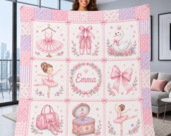 Gepersonaliseerde balletquilt, ballerinadeken voor meisjes, zwaanprinses danskamer decor, aangepaste naam kinderquilt, cadeau 2026, verjaardagscadeau