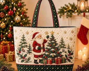 Gewatteerde kersttas, gepersonaliseerde feestelijke handtas, kerstman/poinsettia/peperkoektas, kerstcadeau met eigen naam voor haar in 2026