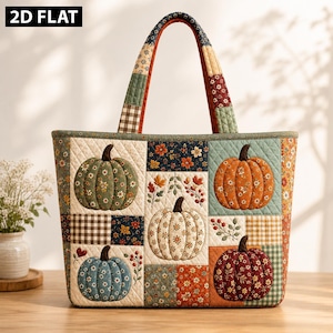 May include: A quilted tote bag featuring a patchwork design with various autumn-themed patterns. The bag displays multiple pumpkins in shades of green, orange, white, and dark red, accented by floral motifs, brown gingham checks, and fall foliage.