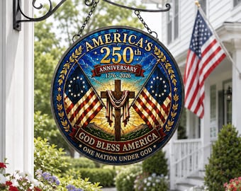 Patriotic America 250th Anniversary Suncatcher, God Bless America Window Hanging, Christian American Flag Cross Glass Panel, GIFT 2026