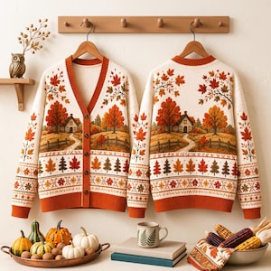 Höststuga-kofta med lönnlöv, stickad tröja i höstskogslandskap, knäppt tröja i vintagestil med bondgårdsmotiv, mysig Thanksgiving-present 2026, present till kvinnor