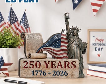 Patriotic America 250 Years Wooden Block, Custom 4th of July Statue of Liberty Plaque, 2D Flat Semi Quincentennial USA Decor, GIFT 2026