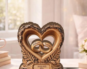 Custom Wooden Heart Wedding Block, 3D Ring Sculpture, Engraved Couple Name Sign, Rustic Anniversary Decor, Engagement Gift, GIFT 2026 Home