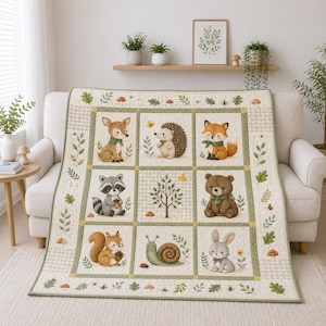 Könnte beinhalten: Eine cremefarbene Steppdecke mit einem Raster aus neun Quadraten, die jeweils eine andere Waldtierillustration zeigen, darunter ein Reh, ein Igel, ein Fuchs, ein Waschbär, ein Baum, ein Bär, ein Eichhörnchen, eine Schnecke und ein Hase.