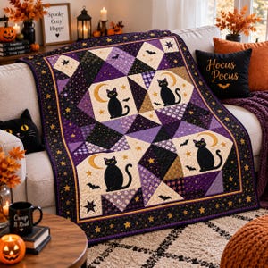 Black Cat Crescent Moon Halloween Quilt, Purple Bat Star Patchwork Blanket, Spooky Cat Lover Bedding, Witchy Fall Home Decor, Cozy Gift 2026