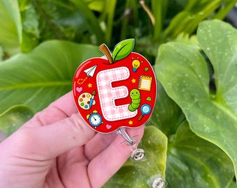 Personalized Teacher Badge Reel, Apple Initial ID Holder, Cute Classroom Retractable Clip, School Staff Accessory, GIFT 2026, Educator Gift