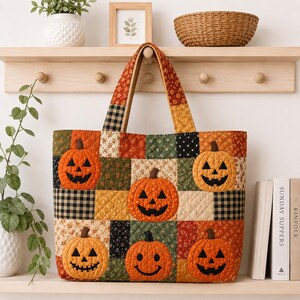 May include: A quilted tote bag featuring a patchwork design of autumn-themed fabrics in orange, green, black, and cream. The bag displays five appliquéd jack-o'-lantern pumpkins with black felt faces and two sturdy fabric handles at the top.