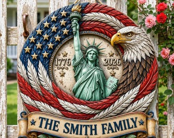 Gepersonaliseerd patriottisch houten bord, VS 250 familiedeurdecor, 4 juli Eagle Liberty Sign, aangepaste naamwerfkunst, cadeau 2026, familiecadeau