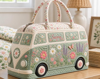 Personalized Quilt Weekend Bag, Floral Van Travel Duffel, Custom Name Overnight Bag, Quilted Weekender Tote, GIFT 2026, Road Trip Gift Bag