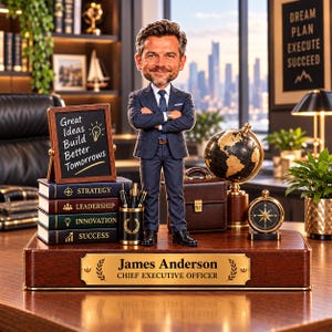 Può includere: Una statuetta bobblehead personalizzata di un professionista in abito blu navy su una base in legno con una targa dorata che recita James Anderson Chief Executive Officer. Il set include una lavagna, libri, un mappamondo e una valigetta.