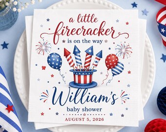 Gepersonaliseerde babyshowerservetten, 4 juli vuurwerk feestdecor, aangepaste naam patriottische servet, cadeau 2026, jongen babyshower gunst cadeau