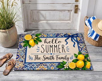 Personalized Lemon Doormat, Summer Welcome Mat, Blue Tile Entry Rug, Custom Family Front Porch Home Decor, Housewarming Gift, GIFT 2026