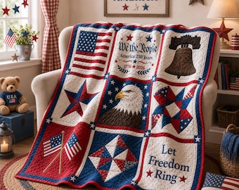 Patriotic Quilt Blanket, America 250 Anniversary Bedding, Eagle Liberty Bell Throw, Independence Day Decor, GIFT 2026, July 4th USA Gift