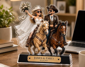 Gepersonaliseerde westerse bruiloft acrylblok, aangepaste fotocadeau paar, cowboy bruid bruidegom paard decor, CADEAU 2026, aandenken verjaardagscadeau