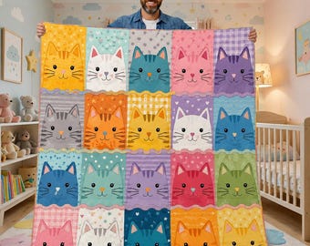 Personalized Cat Quilt, Colorful Cat Blanket for Kids, Nursery Room Decor, Custom Name Baby Quilt, GIFT 2026, Cat Lover Birthday Gift