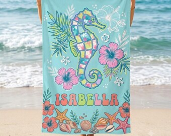 Personalized Seahorse Beach Towel, Custom Name Tropical Pool Towel, Coastal Summer Bath Towel, Hibiscus Vacation Gift, GIFT 2026