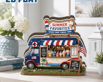 Custom Summer Food Truck Decor, GIFT 2026, Patriotic Ice Cream Van Sign, Tiered Tray Decoration, Wooden Summer Keepsake, Unique Tabletop Art