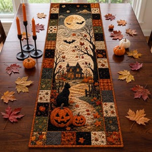 Könnte beinhalten: Ein rechteckiger, gesteppter Tischläufer mit einer Halloween-Szene, die einen Vollmond, Fledermäuse, ein Spukhaus, eine schwarze Katze und Kürbisse zeigt. Der Rand besteht aus Patchwork-Quadraten in Orange, Schwarz und Braun mit Blattmustern.