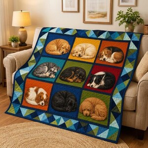 Personalisierte Hunde-Steppdecke, individuelle Gedenkdecke für Haustiere, Patchwork-Bettwäsche mit schlafendem Welpenmotiv, gemütliches Geschenk für Hundeliebhaber, Geschenk 2026