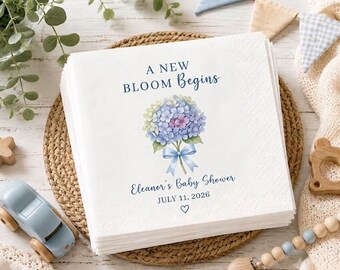 Personalized Baby Shower Napkins, Hydrangea A New Bloom Begins Party Decor, Custom Name Floral Napkin, GIFT 2026, Baby Shower Favor Gift