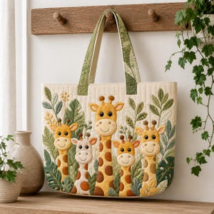 Op de afbeelding: Een gewatteerde tote bag met een applicatieontwerp van vijf giraffen van verschillende hoogtes, omringd door groene tropische bladeren. De tas heeft een crèmekleurige achtergrond met een gestikte textuur en twee groene stoffen hengsels.