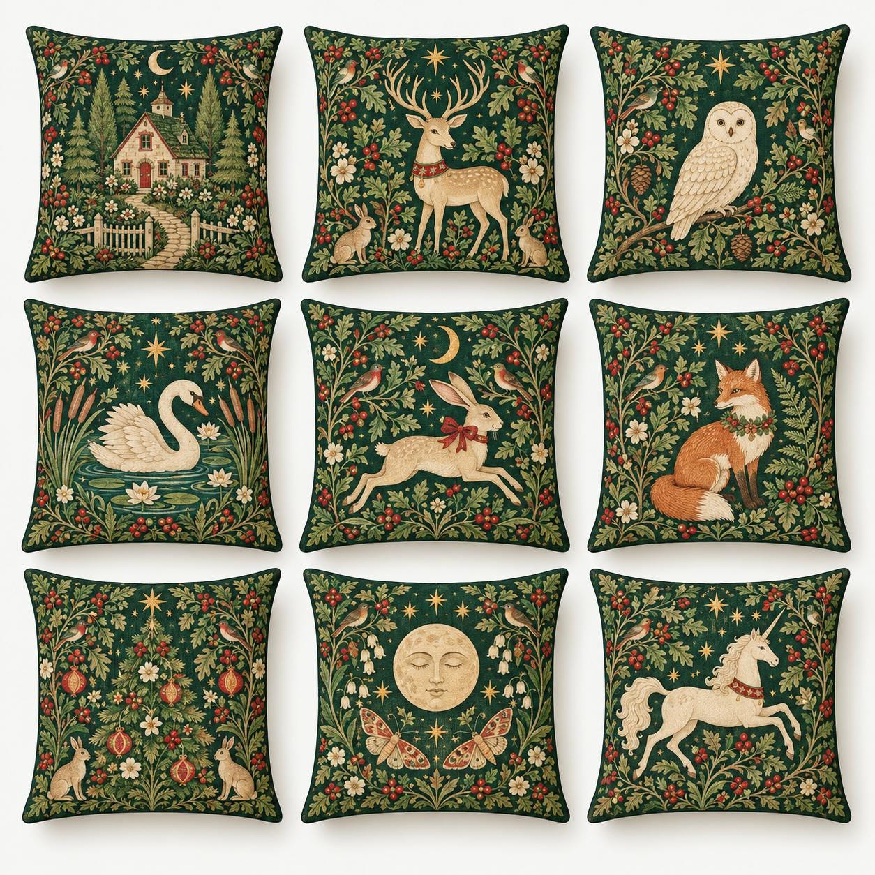Woodland Christmas Pillow Cover, Deer Owl Fox Swan Rabbit Unicorn Cushion, Vintage Forest Botanical 