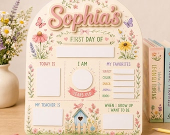 Personalized First Day School Sign, Wildflower Milestone Board, Wooden Reusable Photo Prop, Custom Kids Keepsake, GIFT 2026, Back To School