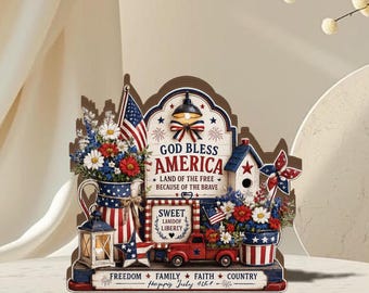 Patriotic Wooden Block Decor, God Bless America Sign, Custom Photo Gift, July 4th Tabletop Decor, Rustic USA Art, GIFT 2026, 250 Years USA