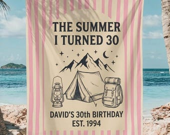 Personalized 30th Birthday Tapestry, Camping Birthday Banner, Summer Camp Party Decor, Custom Name Year Sign, GIFT 2026, Outdoor Gift Him
