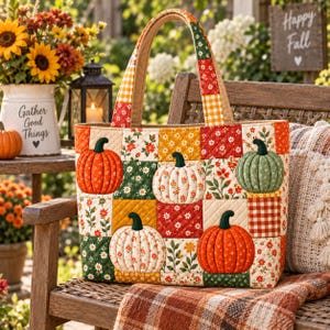 May include: A quilted tote bag featuring a patchwork design of autumn-themed fabrics in shades of orange, green, yellow, and cream. The bag displays five appliqued pumpkins in orange, white, and green, accented by floral and gingham patterns.