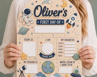 Personalized First Day School Sign, Wooden Milestone Board, Space Theme Keepsake, Reusable Photo Prop, Custom Kid, GIFT 2026, Back To School