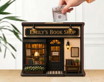 Gepersonaliseerde boekenwinkel spaarpot, houten boekenwinkel spaarpot, decor boekenliefhebber, cadeau 2026, aangepaste naambank voor kinderen familievrienden