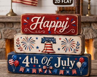 Patriotic Wooden Block Decor, Happy 4th of July Shelf Sitter, Rustic Independence Day Home Accent, Farmhouse Decor, GIFT 2026, USA Gift