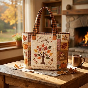 Può includere: Una borsa tote trapuntata con un albero ricamato al centro con foglie autunnali colorate e il nome Emily cucito sopra. La borsa presenta manici a quadri arancioni e neri e pannelli laterali decorati con zucche, funghi e foglie.