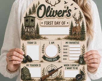 Personalize First Day School Sign, Hunting Theme Milestone Board, Wooden Reusable Photo Prop, Custom Kid Keepsake, GIFT 2026, Back To School
