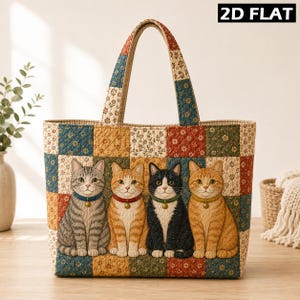 Könnte beinhalten: Eine gesteppte Tragetasche mit einem Patchwork-Design aus Blumenquadraten und vier in einer Reihe sitzenden Katzen. Die Katzen sind ein grauer Tabby, ein orangefarbener Tabby, eine schwarz-weiße Katze und ein orangefarbener Tabby mit Halsband.