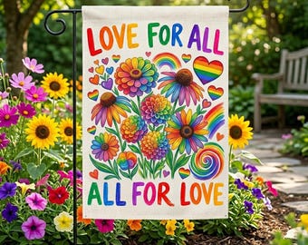 Gepersonaliseerde liefdestuinvlag, regenboogbloem tuindecor, Pride Cottage-vlag, All For Love buitenbord, cadeau 2026, inclusief cadeau voor thuis