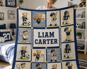 GIFT 2026, Custom Sports Teddy Bear Quilt, Personalized Liam Carter Baby Blanket, Cute Boy Nursery Bedding, Toddler Patchwork Blanket