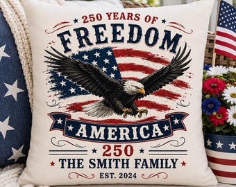 Personalized Patriotic Throw Pillow, America 250 Eagle Cushion Cover, Custom Family Independence Decor, July 4th, USA Home Accent, GIFT 2026